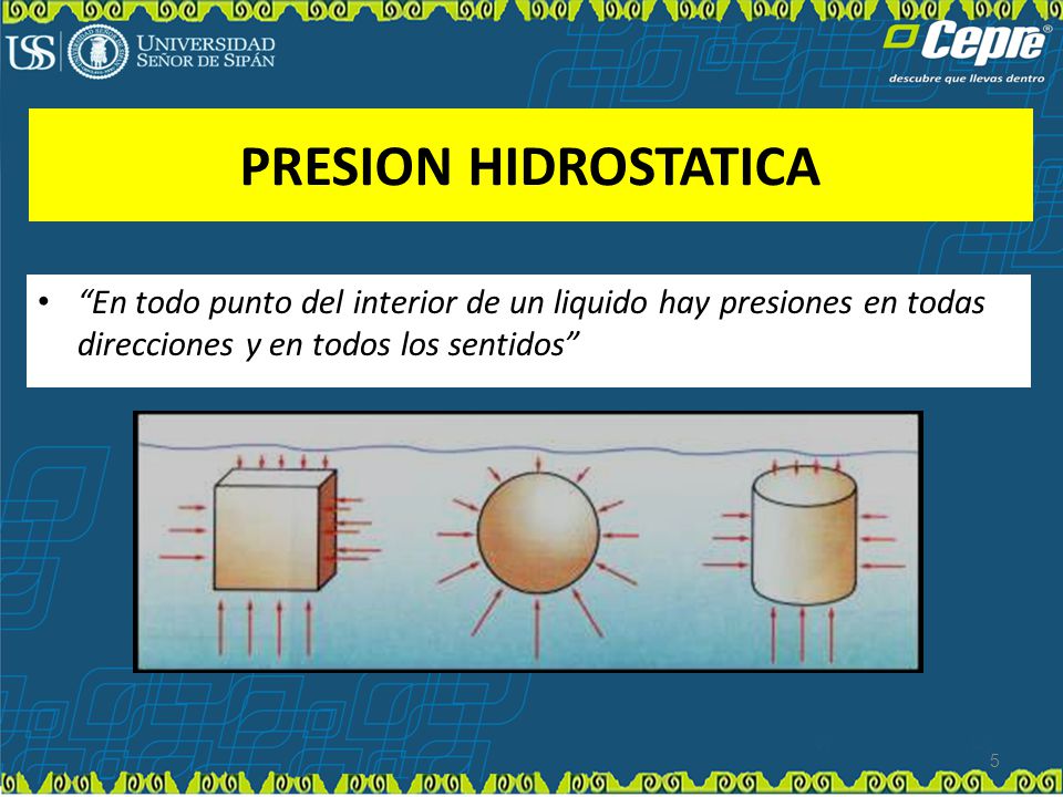 PRESION HIDROSTATICA En todo punto del interior de un liquido hay presiones en todas direcciones y en todos los sentidos