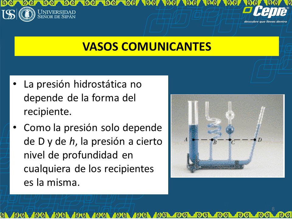 VASOS COMUNICANTES La presión hidrostática no depende de la forma del recipiente.