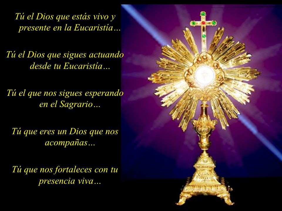 Tú el Dios que estás vivo y presente en la Eucaristía… Tú el Dios que sigues actuando desde tu Eucaristía… Tú el que nos sigues esperando en el Sagrario… Tú que eres un Dios que nos acompañas… Tú que nos fortaleces con tu presencia viva…