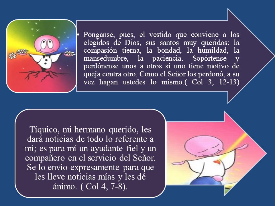 Pónganse, pues, el vestido que conviene a los elegidos de Dios, sus santos muy queridos: la compasión tierna, la bondad, la humildad, la mansedumbre, la paciencia. Sopórtense y perdónense unos a otros si uno tiene motivo de queja contra otro. Como el Señor los perdonó, a su vez hagan ustedes lo mismo.( Col 3, 12-13)