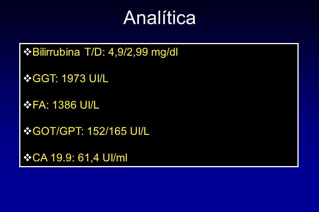 Analítica Bilirrubina T/D: 4,9/2,99 mg/dl GGT: 1973 UI/L FA: 1386 UI/L
