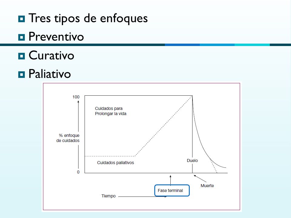 Tres tipos de enfoques Preventivo Curativo Paliativo