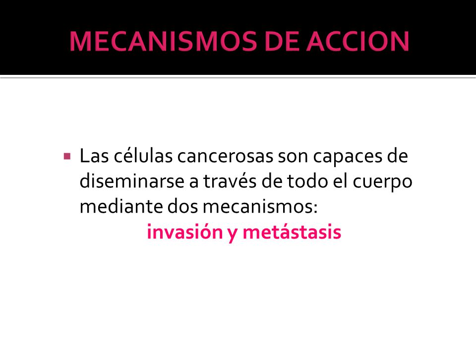 MECANISMOS DE ACCION Las células cancerosas son capaces de diseminarse a través de todo el cuerpo mediante dos mecanismos: