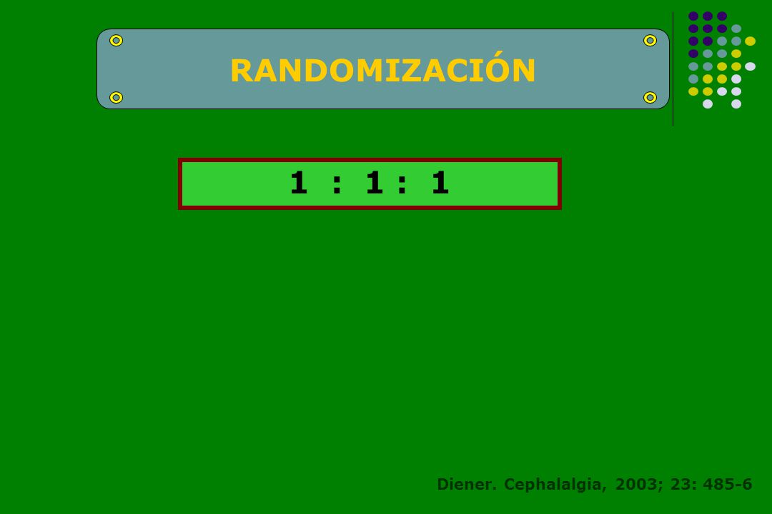 RANDOMIZACIÓN 1 : 1 : 1 Diener. Cephalalgia, 2003; 23: 485-6