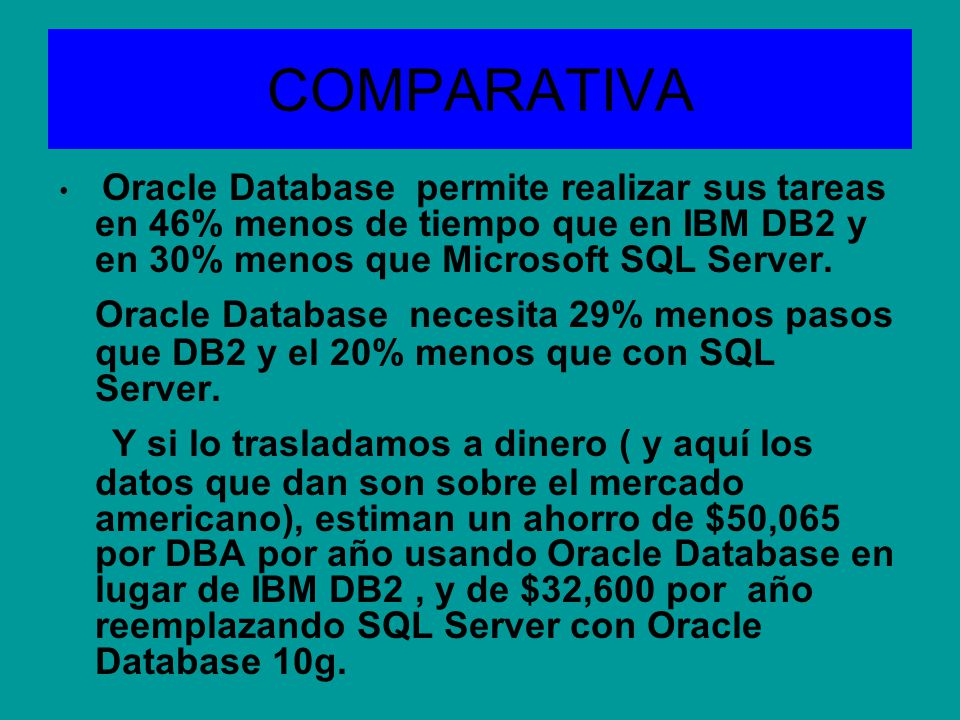 COMPARATIVA Oracle Database permite realizar sus tareas en 46% menos de tiempo que en IBM DB2 y en 30% menos que Microsoft SQL Server.