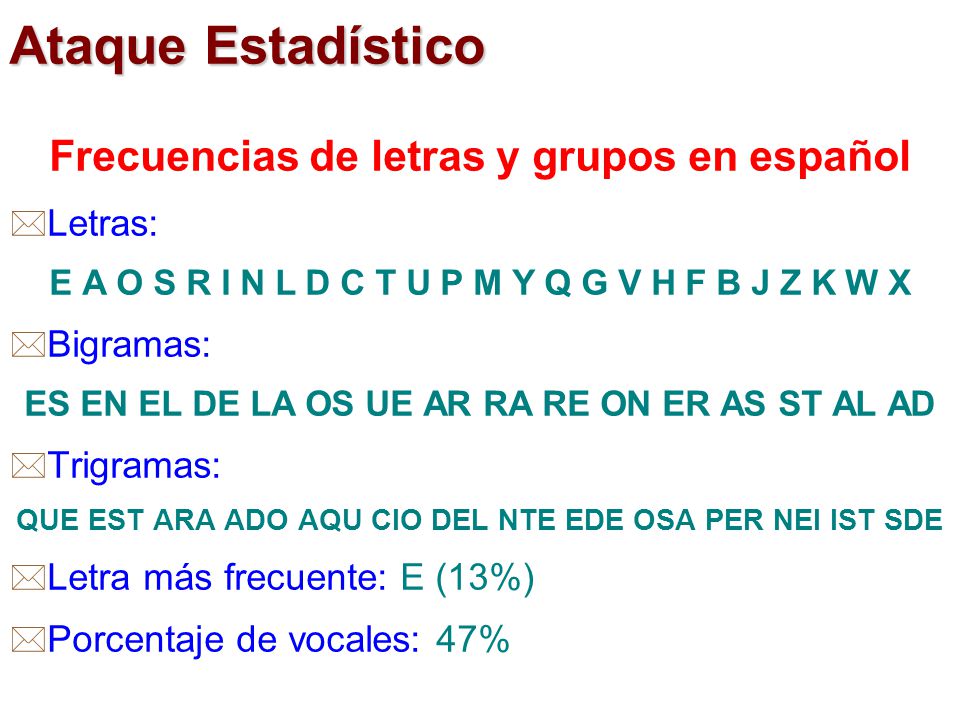 Ataque Estadístico Frecuencias de letras y grupos en español Letras: