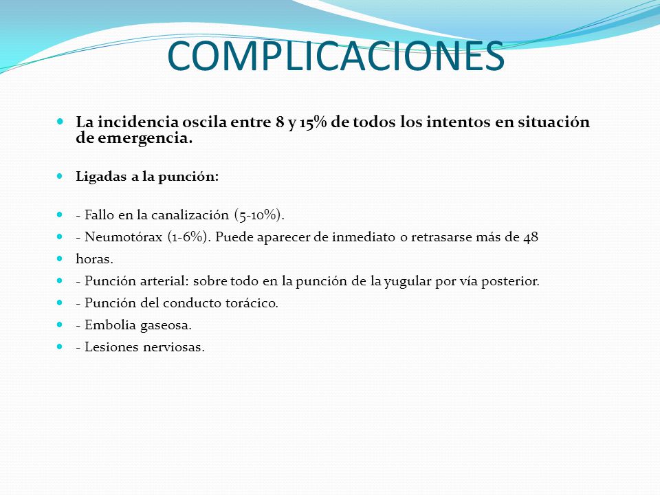 COMPLICACIONES La incidencia oscila entre 8 y 15% de todos los intentos en situación de emergencia.