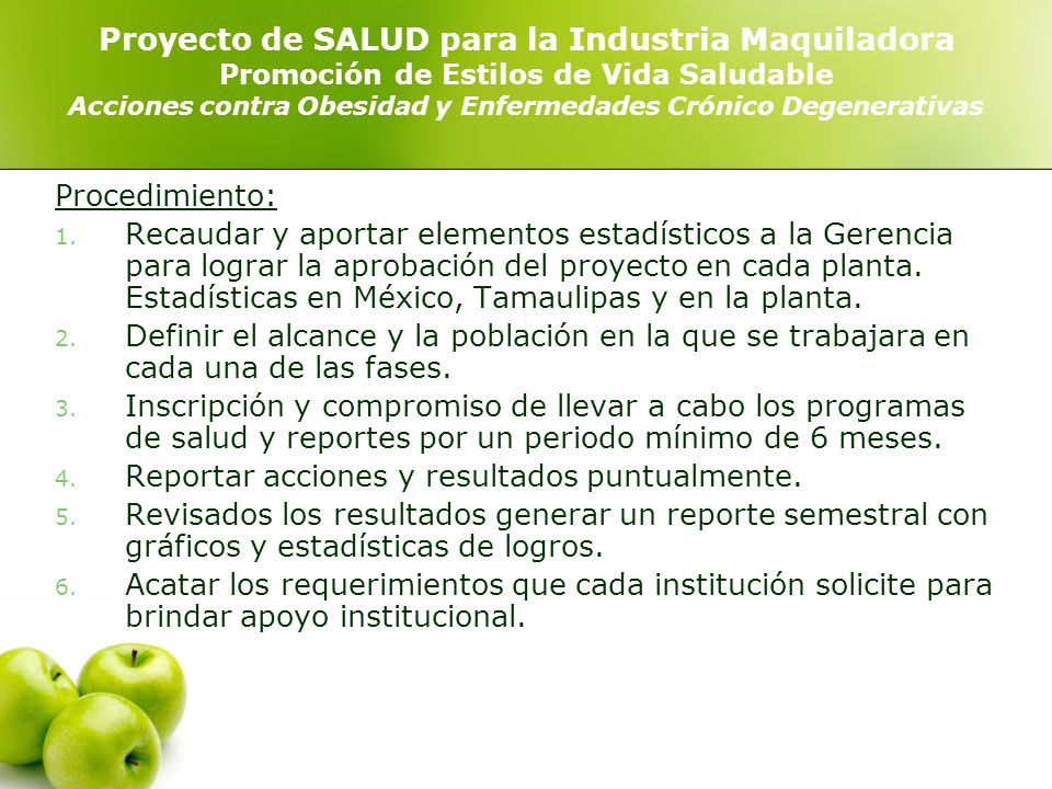 Proyecto de SALUD para la Industria Maquiladora Promoción de Estilos de Vida Saludable Acciones contra Obesidad y Enfermedades Crónico Degenerativas