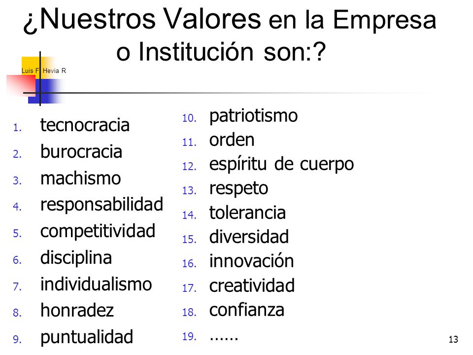 ¿Nuestros Valores en la Empresa o Institución son: Luis F. Hevia R