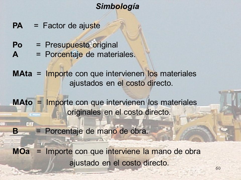 Simbología PA = Factor de ajuste. Po = Presupuesto original. A = Porcentaje de materiales.