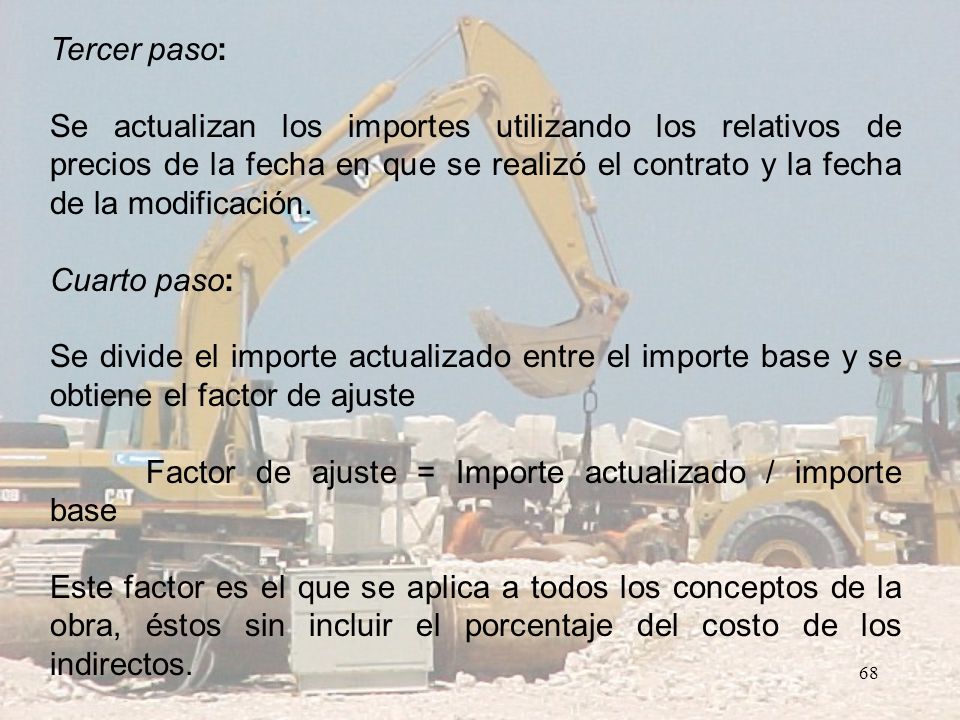 Tercer paso: Se actualizan los importes utilizando los relativos de precios de la fecha en que se realizó el contrato y la fecha de la modificación.