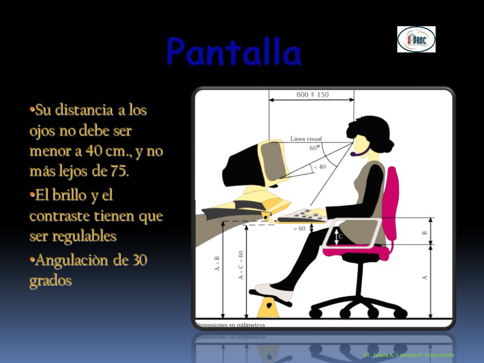 Pantalla Su distancia a los ojos no debe ser menor a 40 cm., y no más lejos de 75. El brillo y el contraste tienen que ser regulables.