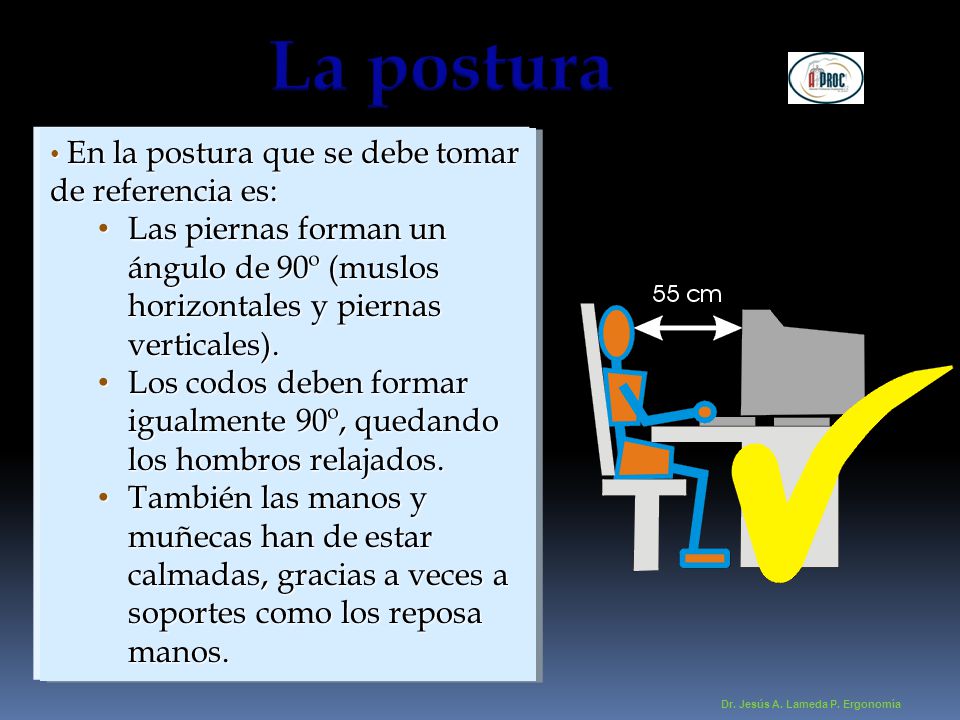 La postura En la postura que se debe tomar de referencia es: Las piernas forman un ángulo de 90º (muslos horizontales y piernas verticales).