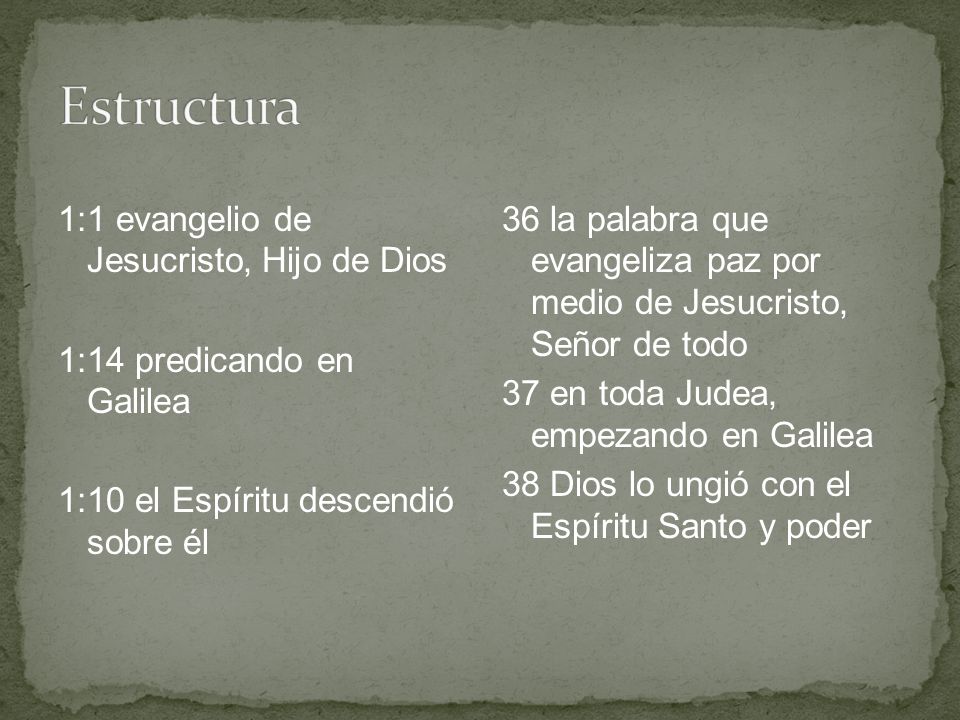 Estructura 1:1 evangelio de Jesucristo, Hijo de Dios 1:14 predicando en Galilea 1:10 el Espíritu descendió sobre él