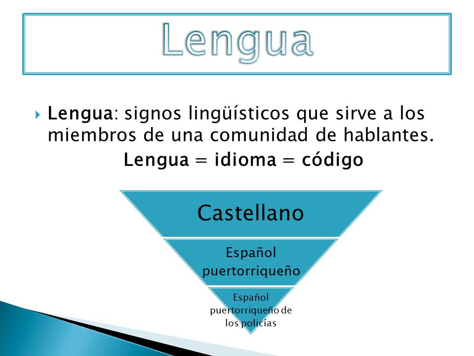 Lengua Lengua: signos lingüísticos que sirve a los miembros de una comunidad de hablantes. Lengua = idioma = código.