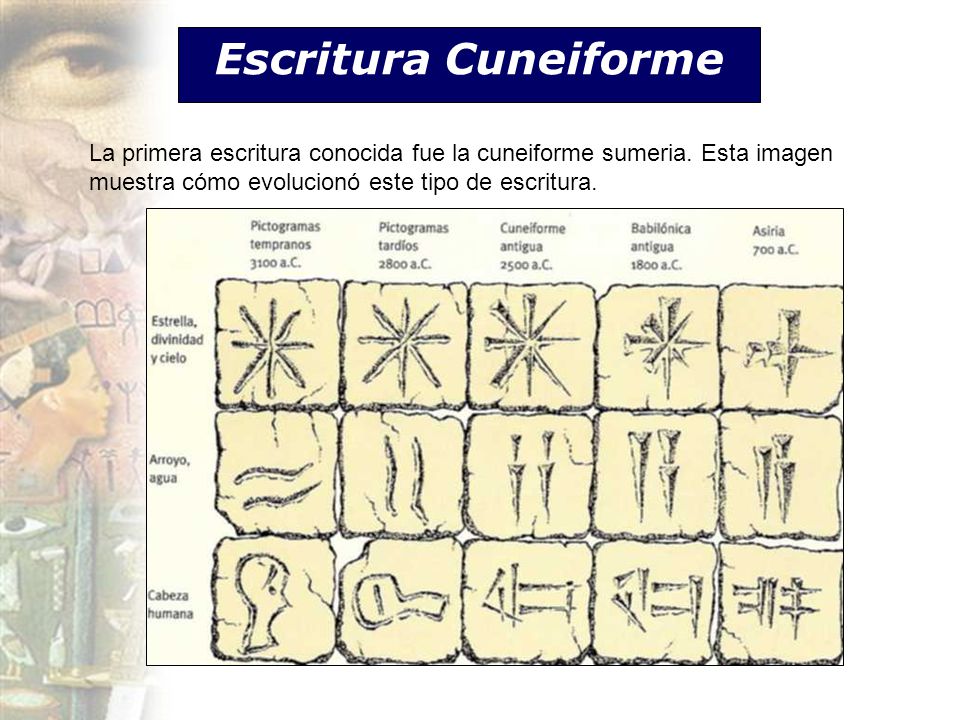 Escritura Cuneiforme La primera escritura conocida fue la cuneiforme sumeria.