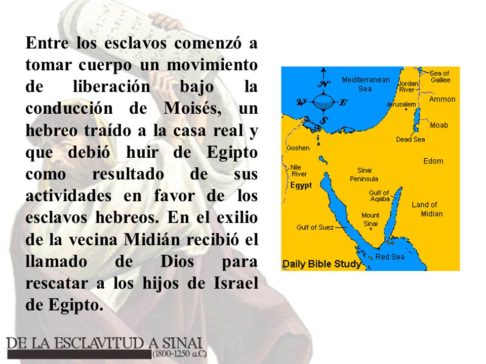 Entre los esclavos comenzó a tomar cuerpo un movimiento de liberación bajo la conducción de Moisés, un hebreo traído a la casa real y que debió huir de Egipto como resultado de sus actividades en favor de los esclavos hebreos.