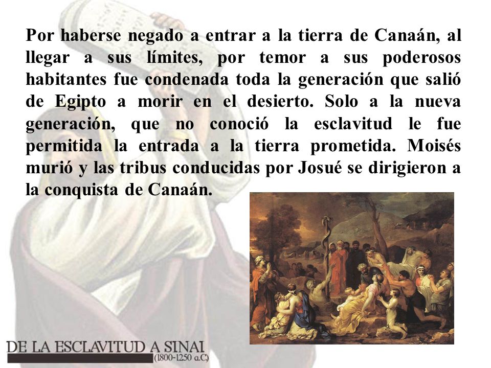 Por haberse negado a entrar a la tierra de Canaán, al llegar a sus límites, por temor a sus poderosos habitantes fue condenada toda la generación que salió de Egipto a morir en el desierto.