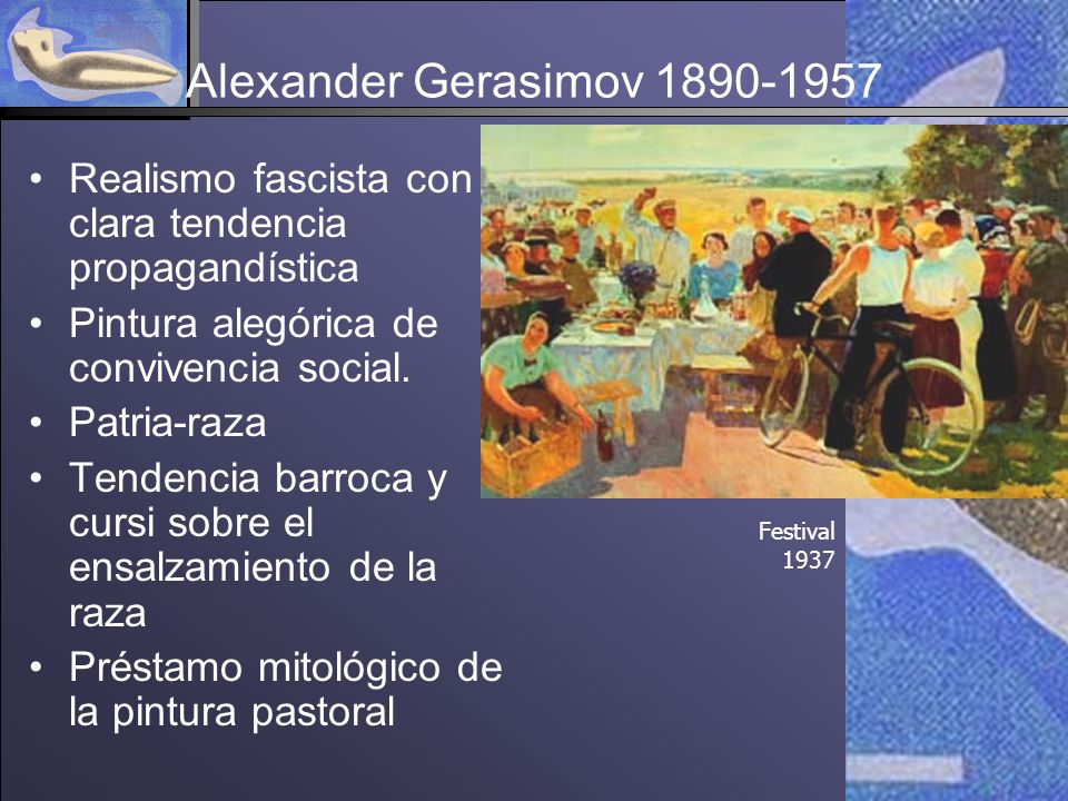 Alexander Gerasimov Realismo fascista con clara tendencia propagandística. Pintura alegórica de convivencia social.