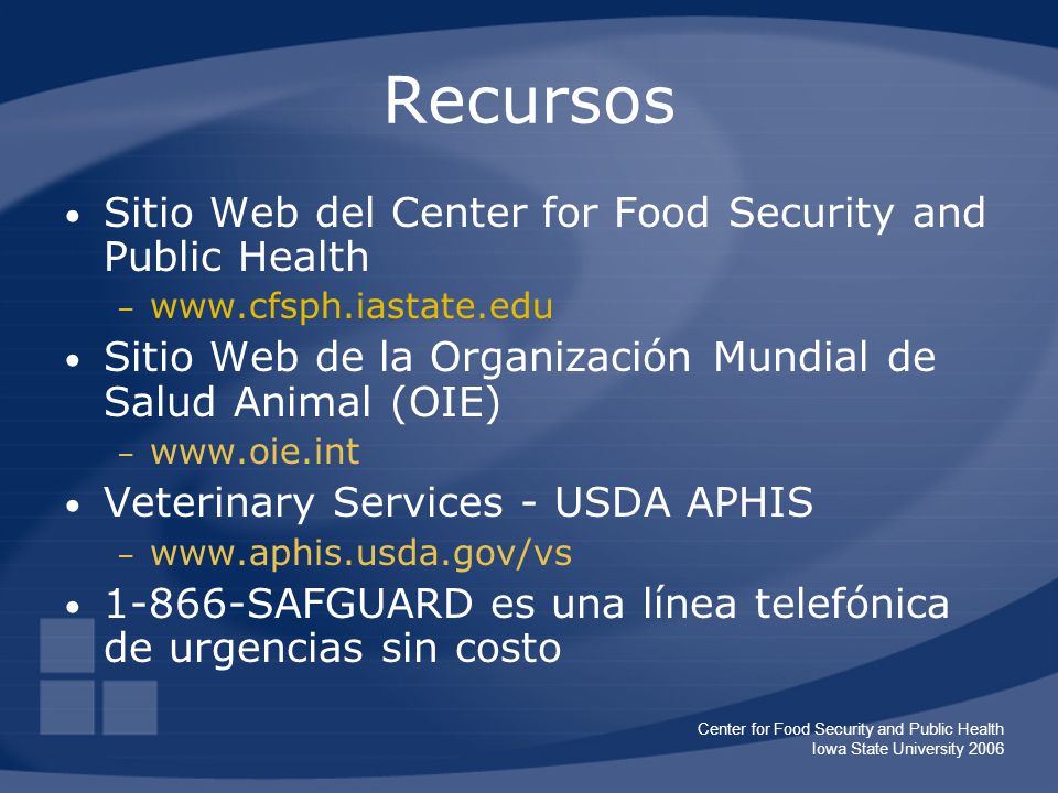 Recursos Sitio Web del Center for Food Security and Public Health