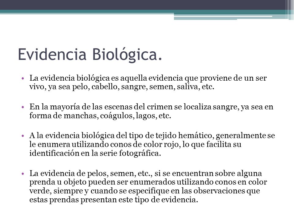 Evidencia Biológica. La evidencia biológica es aquella evidencia que proviene de un ser vivo, ya sea pelo, cabello, sangre, semen, saliva, etc.
