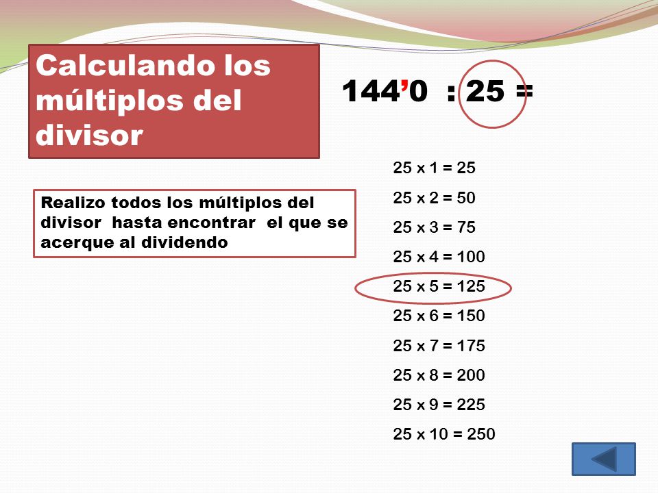 Calculando los múltiplos del divisor 144’0 : 25 =