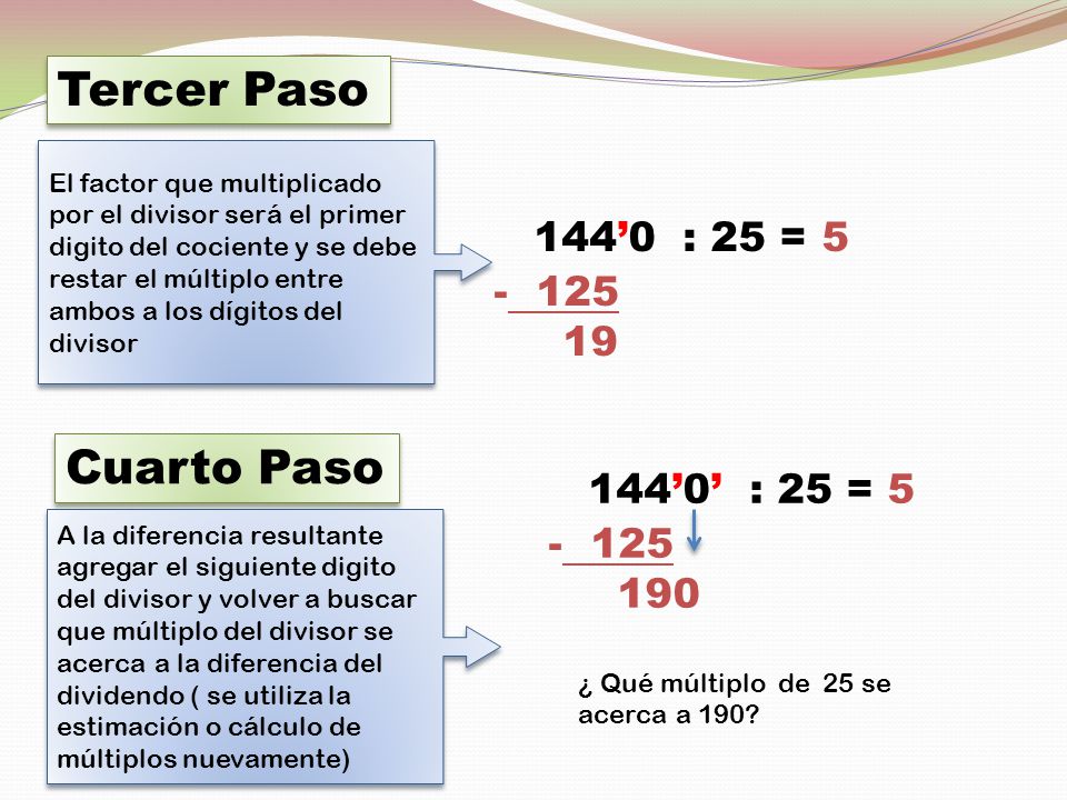 144’0 : 25 = 5 144’0’ : 25 = 5 Tercer Paso Cuarto Paso