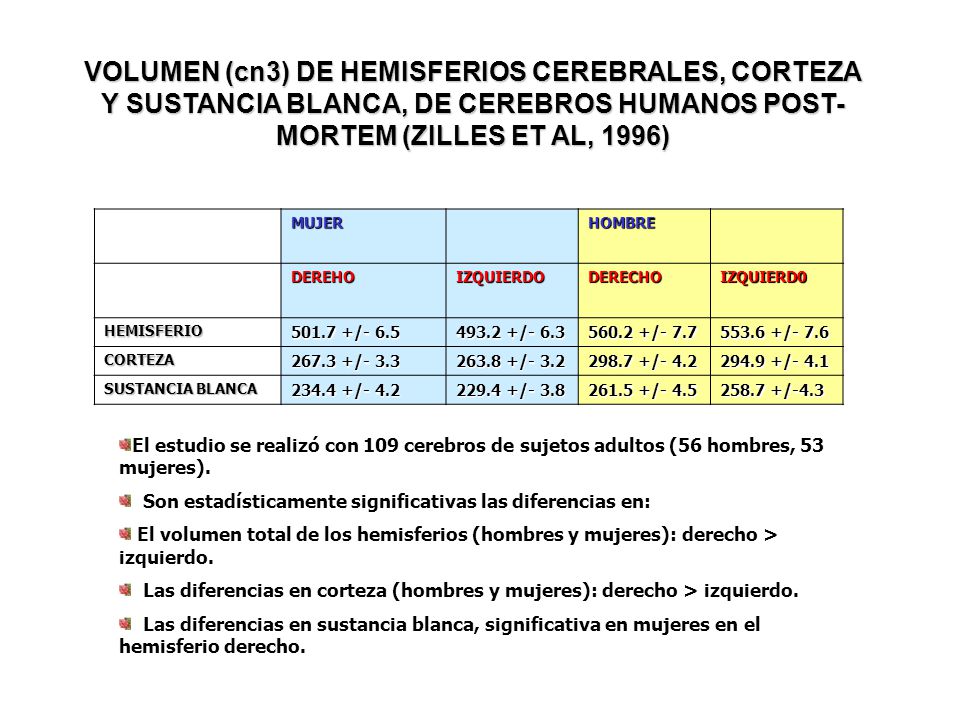 VOLUMEN (cn3) DE HEMISFERIOS CEREBRALES, CORTEZA Y SUSTANCIA BLANCA, DE CEREBROS HUMANOS POST-MORTEM (ZILLES ET AL, 1996)