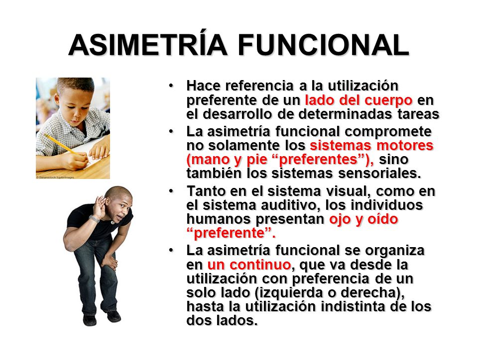 ASIMETRÍA FUNCIONAL Hace referencia a la utilización preferente de un lado del cuerpo en el desarrollo de determinadas tareas.