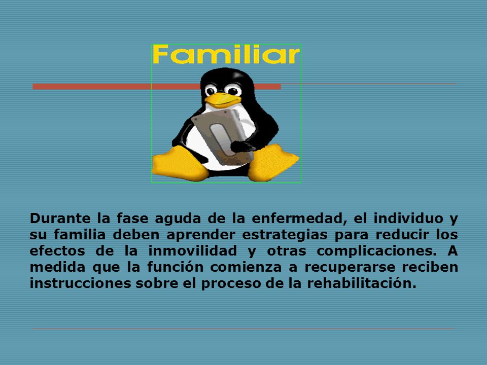 Durante la fase aguda de la enfermedad, el individuo y su familia deben aprender estrategias para reducir los efectos de la inmovilidad y otras complicaciones.