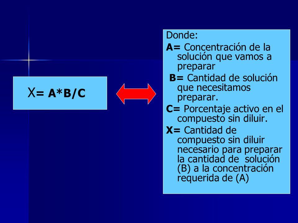 X= A*B/C Donde: A= Concentración de la solución que vamos a preparar