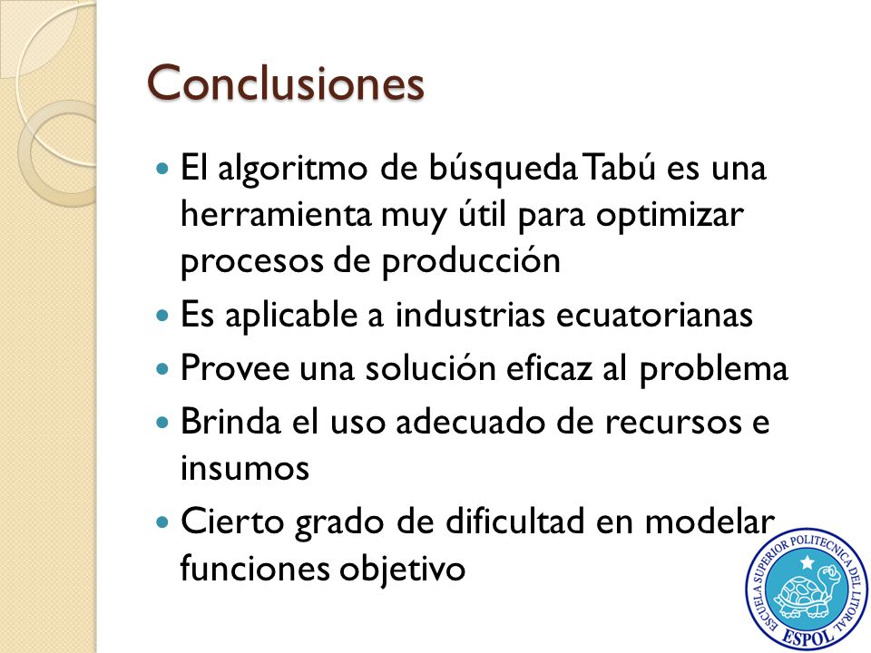 Conclusiones El algoritmo de búsqueda Tabú es una herramienta muy útil para optimizar procesos de producción.
