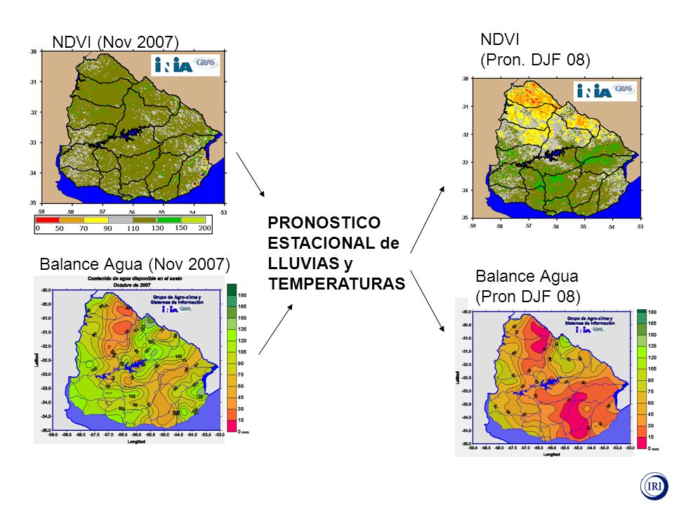 NDVI (Nov 2007) NDVI. (Pron. DJF 08) PRONOSTICO. ESTACIONAL de. LLUVIAS y. TEMPERATURAS. Balance Agua (Nov 2007)