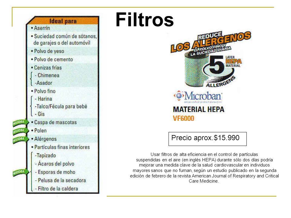 Filtros Precio aprox.$ Usar filtros de alta eficiencia en el control de partículas.