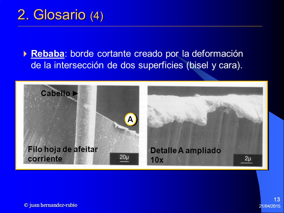 2. Glosario (4) Rebaba: borde cortante creado por la deformación de la intersección de dos superficies (bisel y cara).