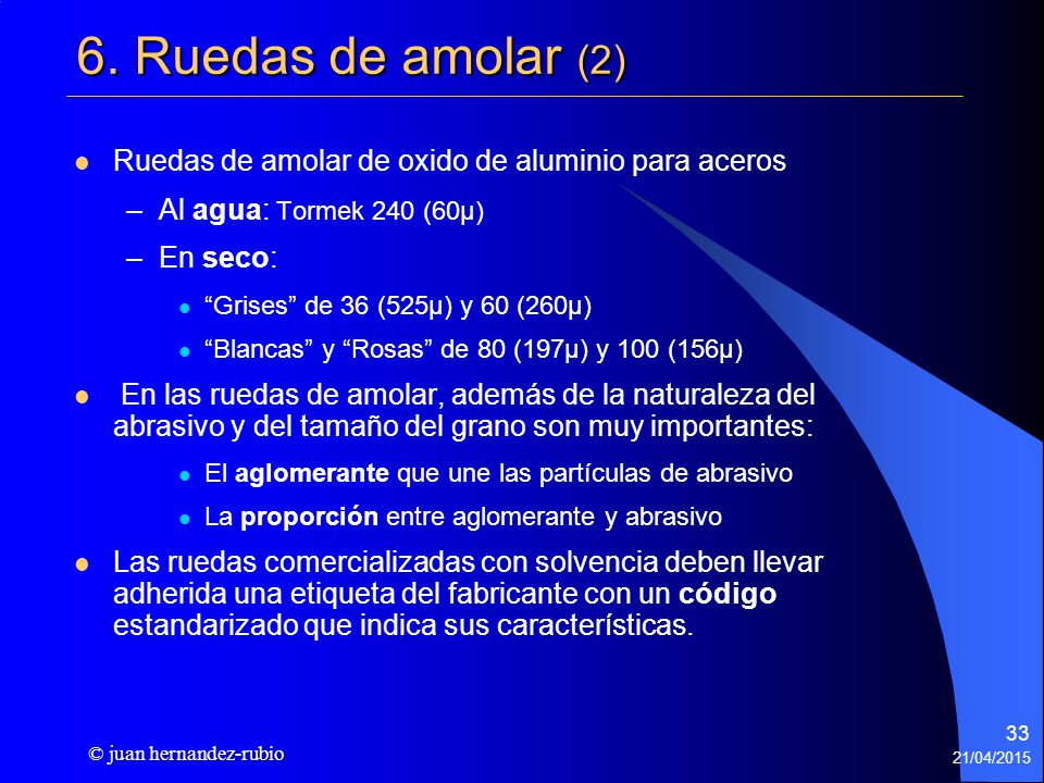 6. Ruedas de amolar (2) Ruedas de amolar de oxido de aluminio para aceros. Al agua: Tormek 240 (60µ)