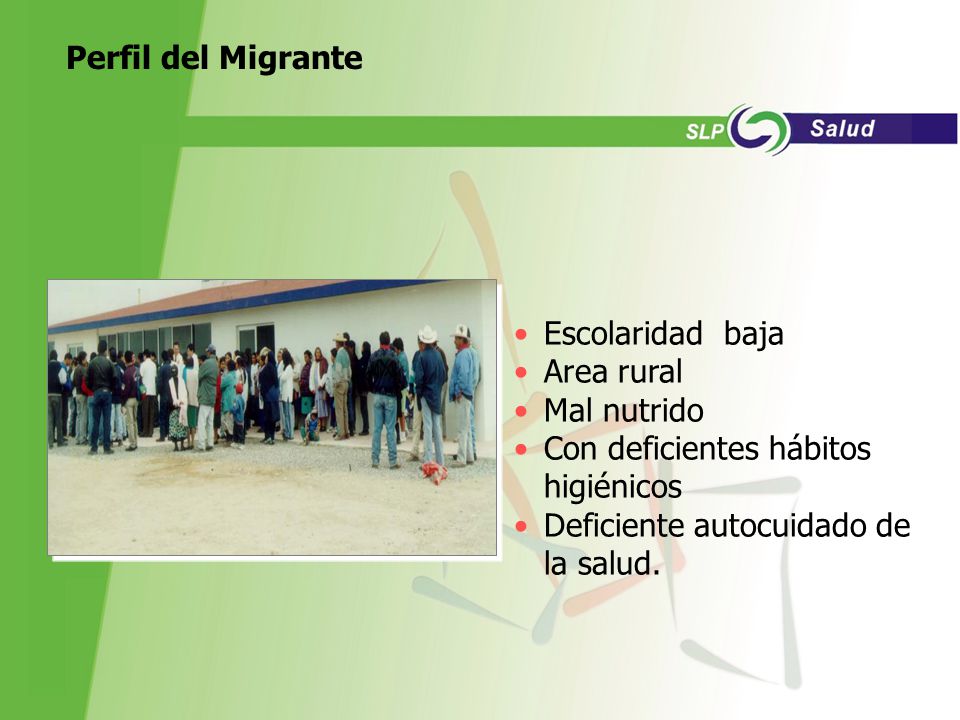 Perfil del Migrante Escolaridad baja. Area rural. Mal nutrido. Con deficientes hábitos higiénicos.