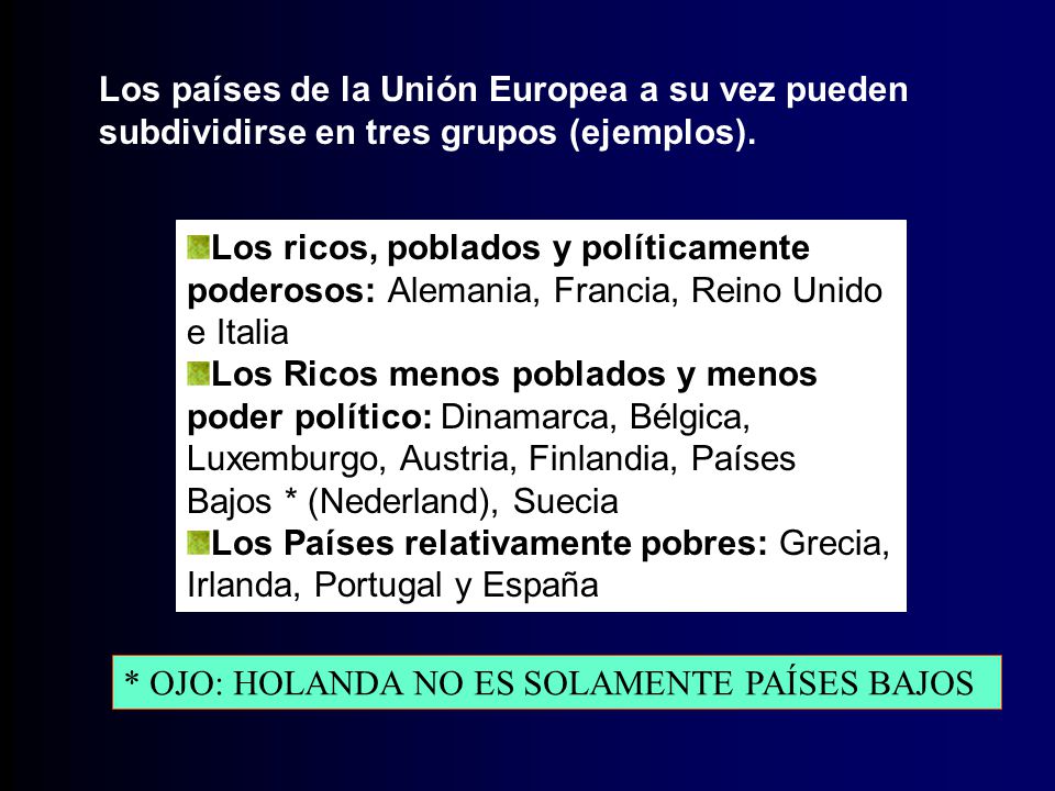 Los países de la Unión Europea a su vez pueden subdividirse en tres grupos (ejemplos).