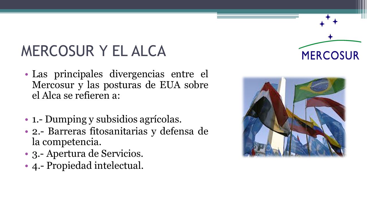 MERCOSUR Y EL ALCA Las principales divergencias entre el Mercosur y las posturas de EUA sobre el Alca se refieren a: