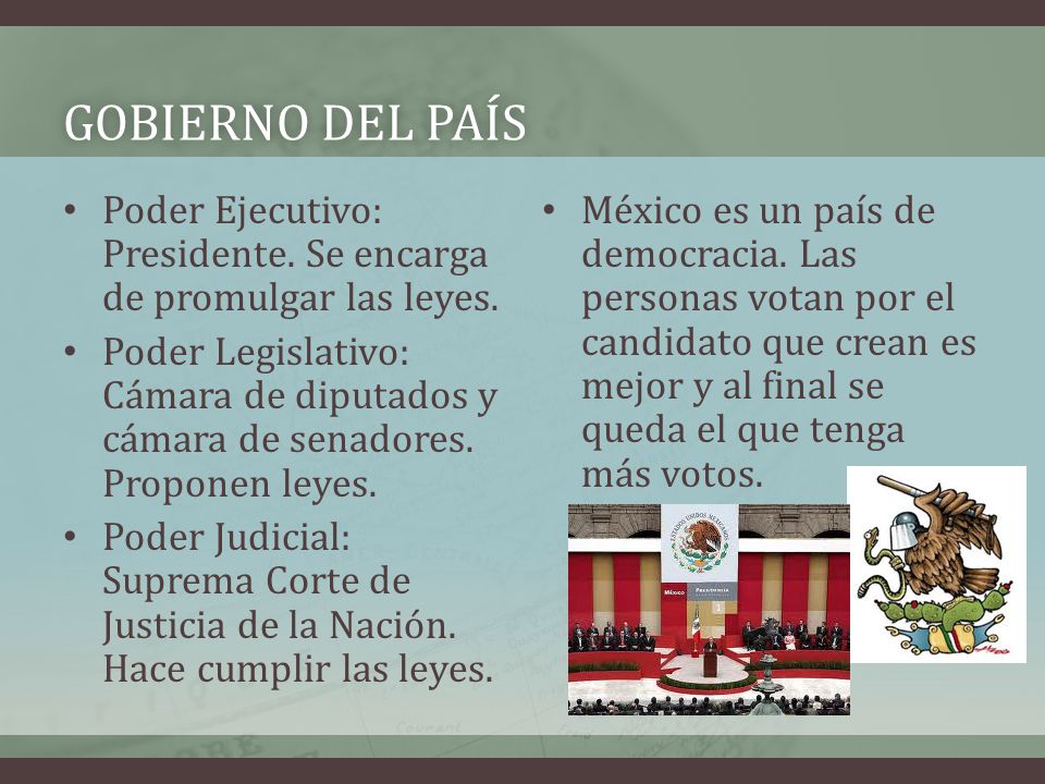 Gobierno del país Poder Ejecutivo: Presidente. Se encarga de promulgar las leyes.