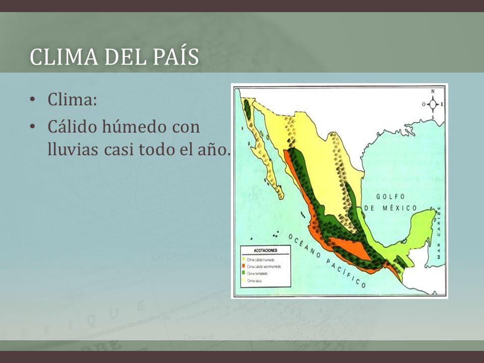Clima del país Clima: Cálido húmedo con lluvias casi todo el año.