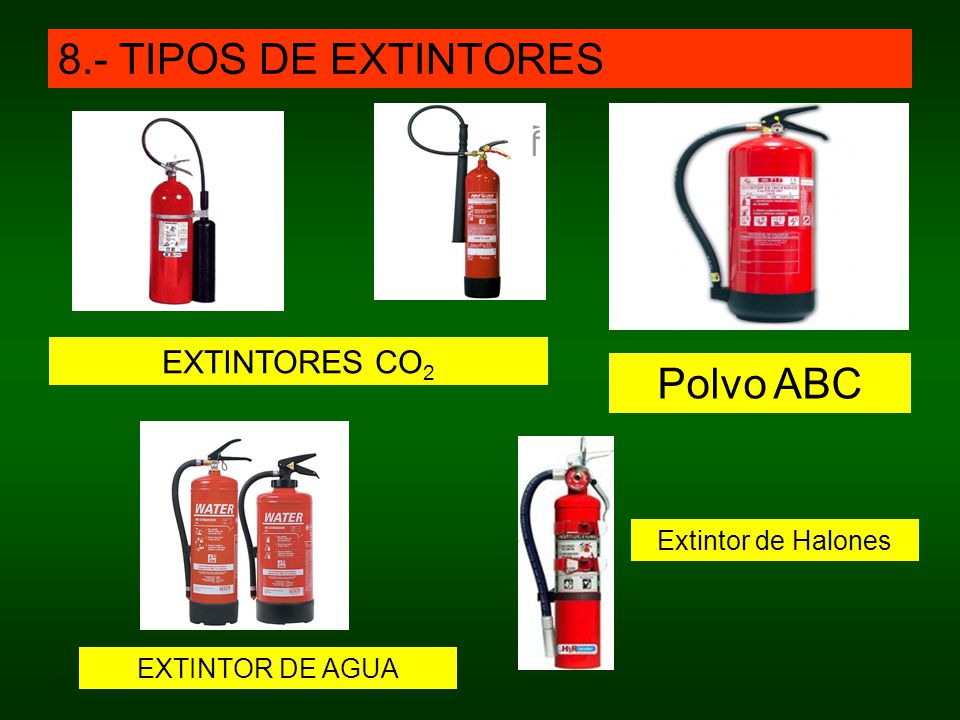 8.- TIPOS DE EXTINTORES Polvo ABC EXTINTORES CO2 Extintor de Halones