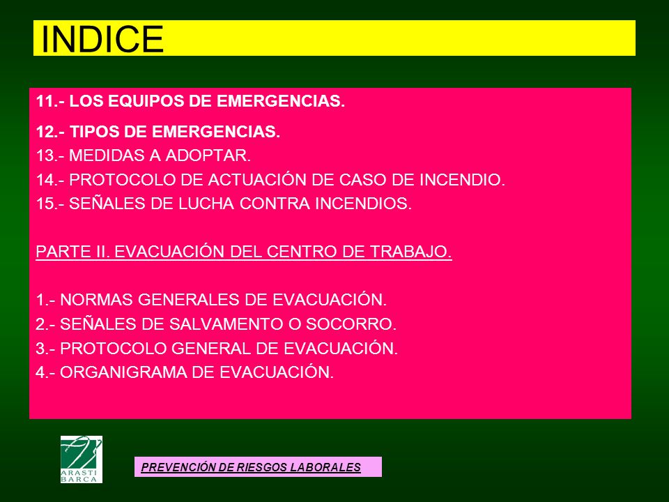 INDICE 11.- LOS EQUIPOS DE EMERGENCIAS TIPOS DE EMERGENCIAS.