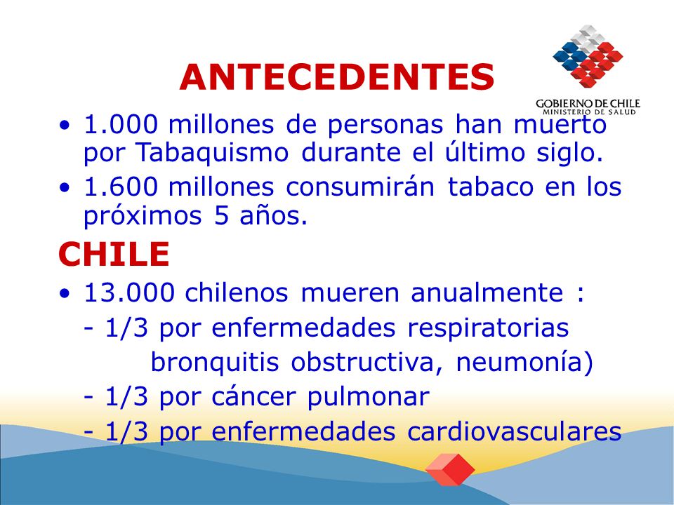 ANTECEDENTES millones de personas han muerto por Tabaquismo durante el último siglo millones consumirán tabaco en los próximos 5 años.