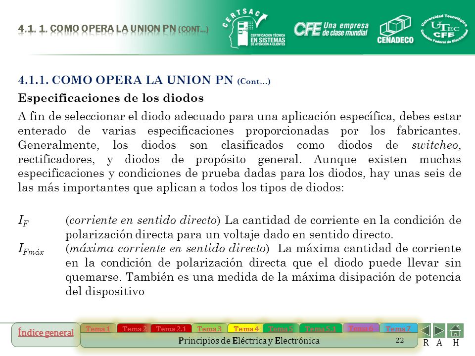 COMO OPERA LA UNION PN (Cont…) Especificaciones de los diodos