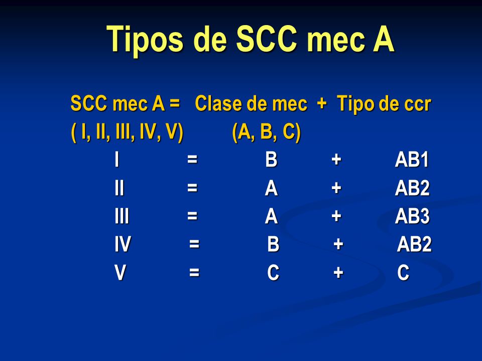 Tipos de SCC mec A ( I, II, III, IV, V) (A, B, C) I = B + AB1