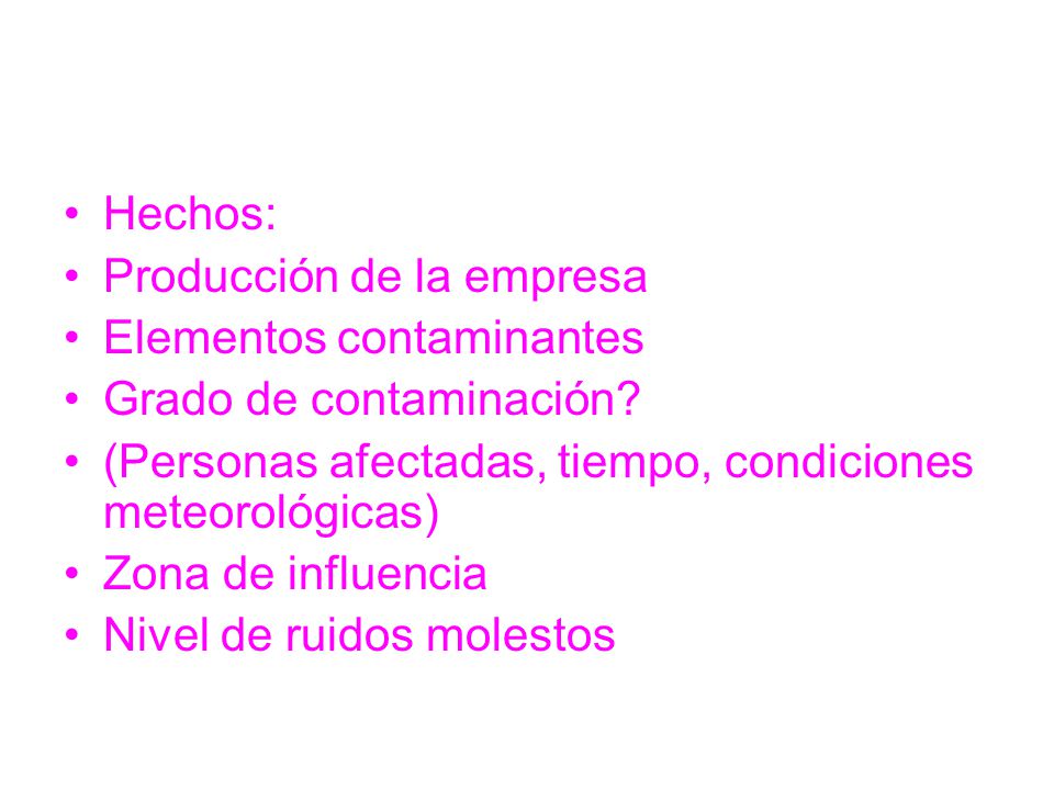 Hechos: Producción de la empresa. Elementos contaminantes. Grado de contaminación (Personas afectadas, tiempo, condiciones meteorológicas)