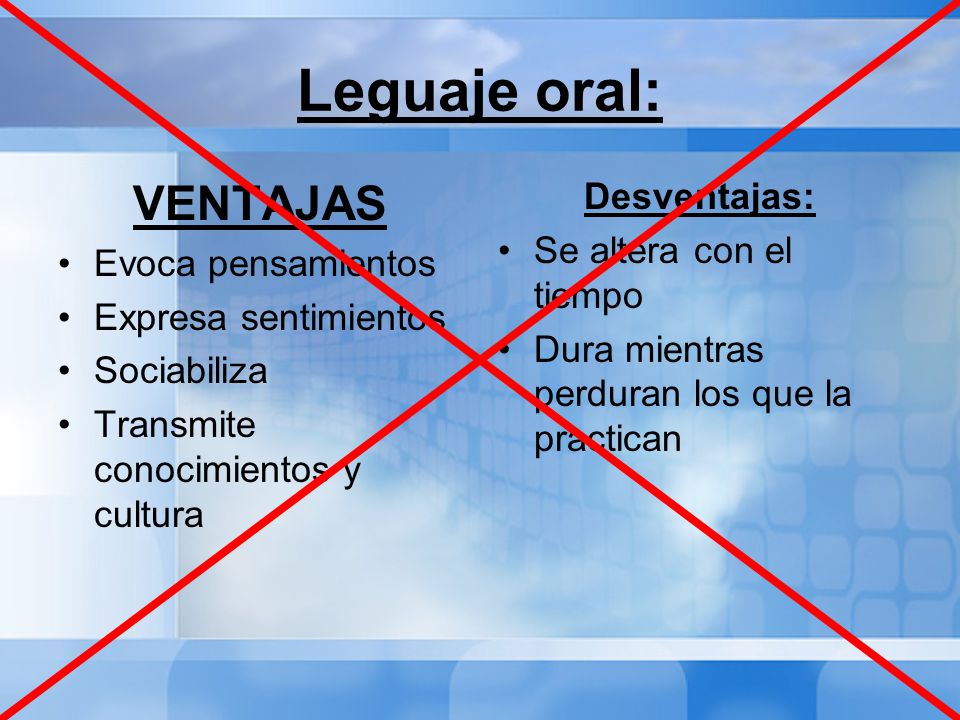 Leguaje oral: VENTAJAS Desventajas: Se altera con el tiempo