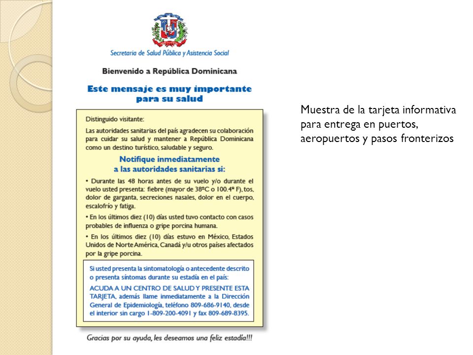 Muestra de la tarjeta informativa para entrega en puertos, aeropuertos y pasos fronterizos