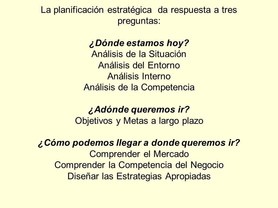 La planificación estratégica da respuesta a tres preguntas: ¿Dónde estamos hoy.